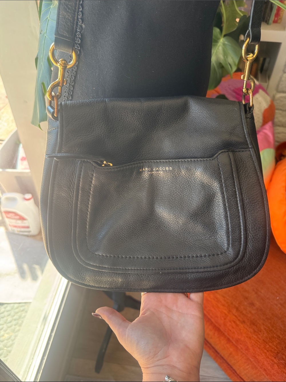 EUC Marc Jacobs Black Leather Crossbody Saddle-Style Bag with Gold Hardware